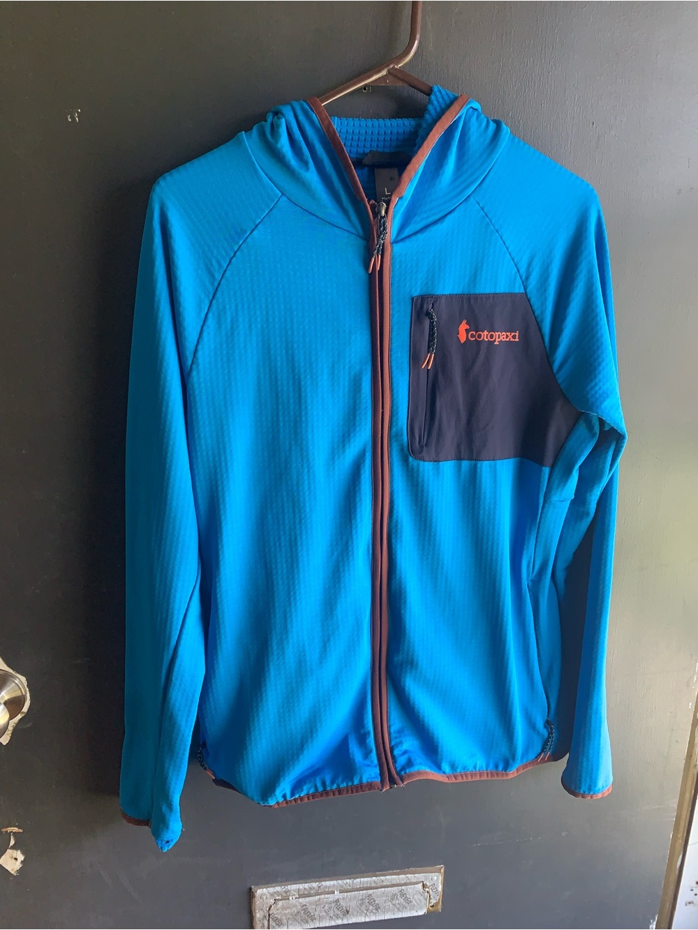 Cotopaxi Blue Hooded Full-Zip Jacket with Navy Chest Pocket